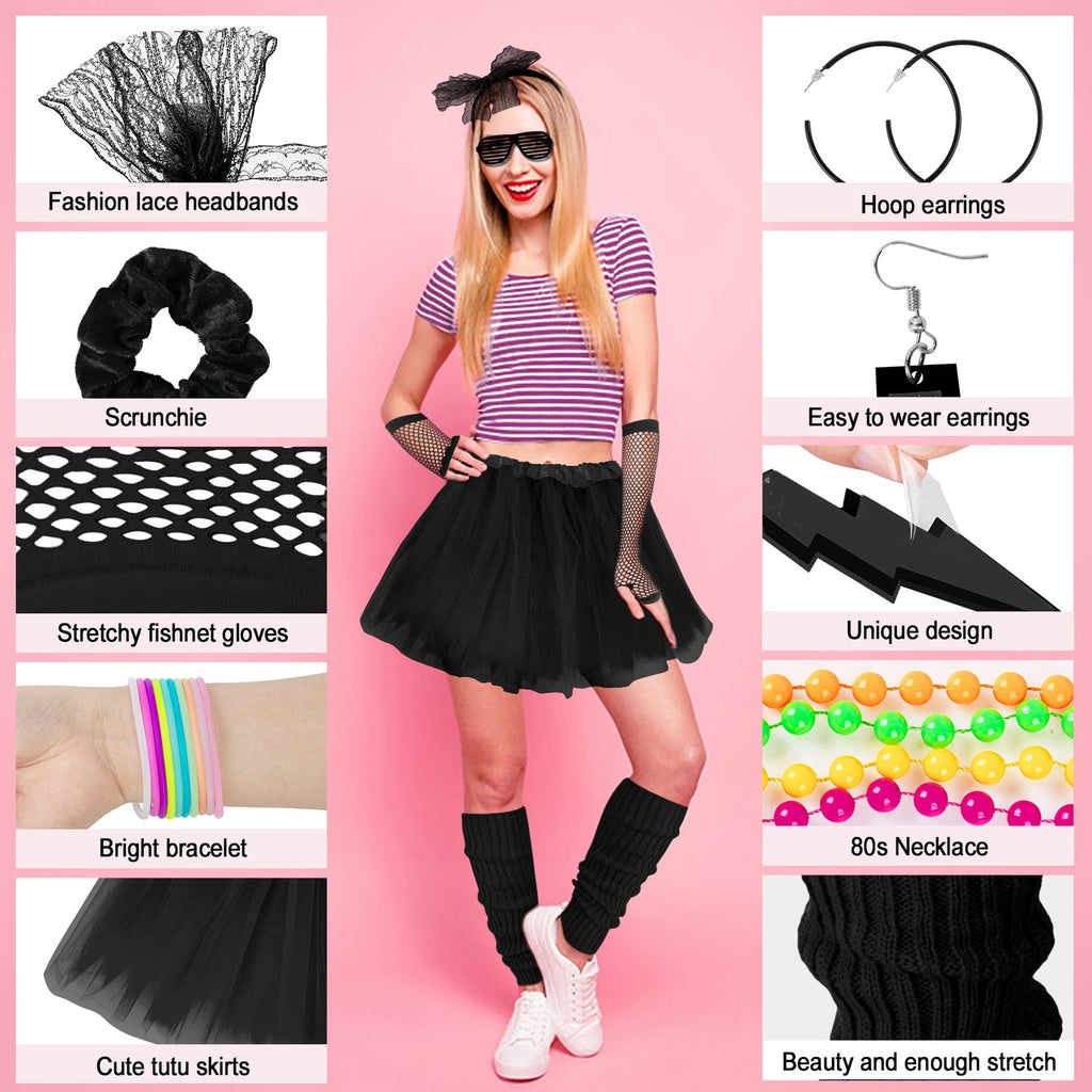 Loritta 80s Costumes for Women Fancy Outfit Accessories Set with Fishnet Gloves Leg Warmers Tutu Skirts for Theme Party