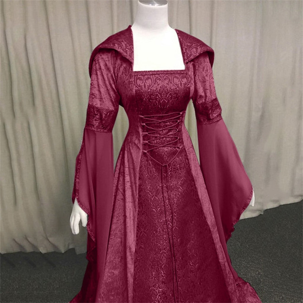 Medieval Renaissance Hooded Dress for Women, Silver Gothic Witch Costume with Lace-Up Corset, Vintage Velvet Long Sleeve Gown for Halloween Cosplay Renaissance Wedding Themed Party-Dark Blue/L