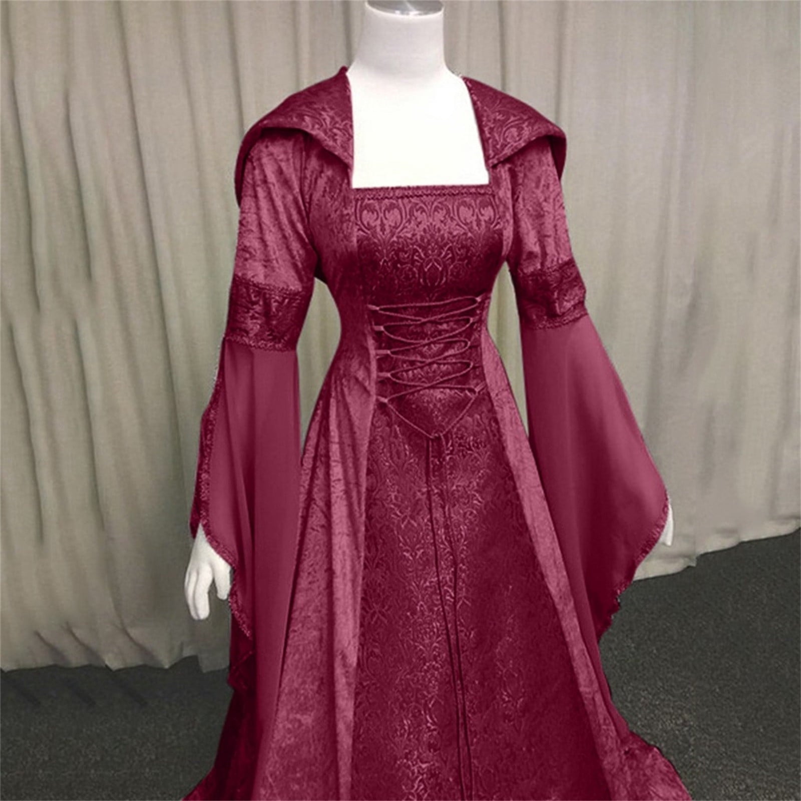 Women Gothic Cold Shoulder Midi Dress, Sheer Flare Bell Sleeve Front Corset Irregular Witch Costume Dress, Adult Halloween Dark Aesthetic Vintage Formal Evening Cosplay Party Outfit(Navy-2/M)