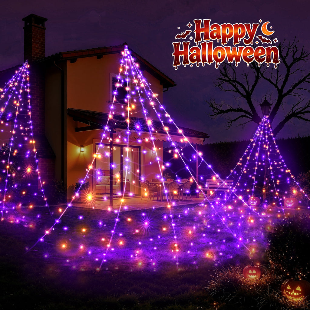 Scidweet Halloween Decorations Outdoor, 500 LED Halloween Giant Spider Web Lights for Garden Yard Porch Home Decor, Purple Orange