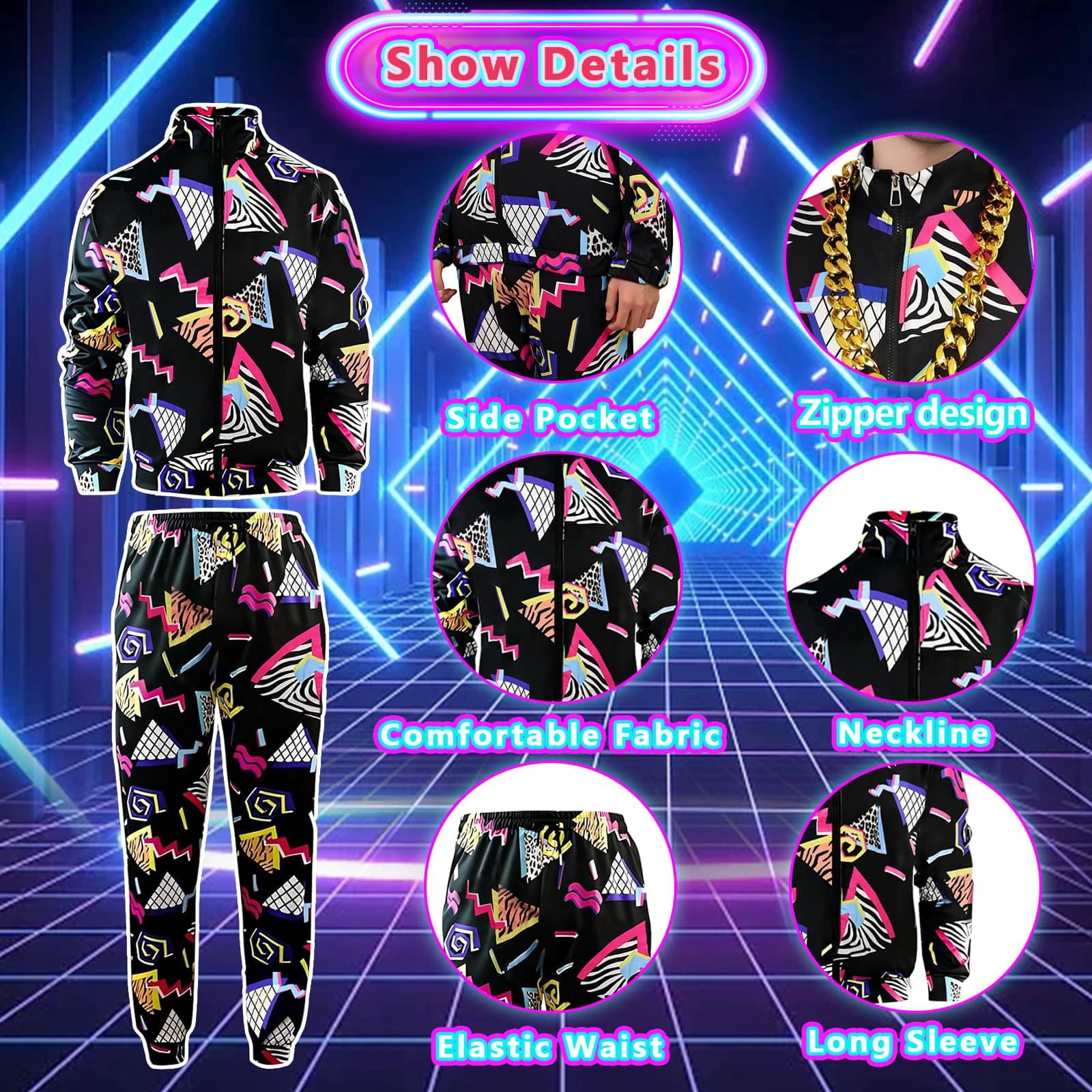 GYQMBT 80s 90s Men's Sportswear, Party Hip Hop Windbreaker 90s Disco Sportswear, 80s Adult Bizarre Costume 8 Piece Set, Black, M