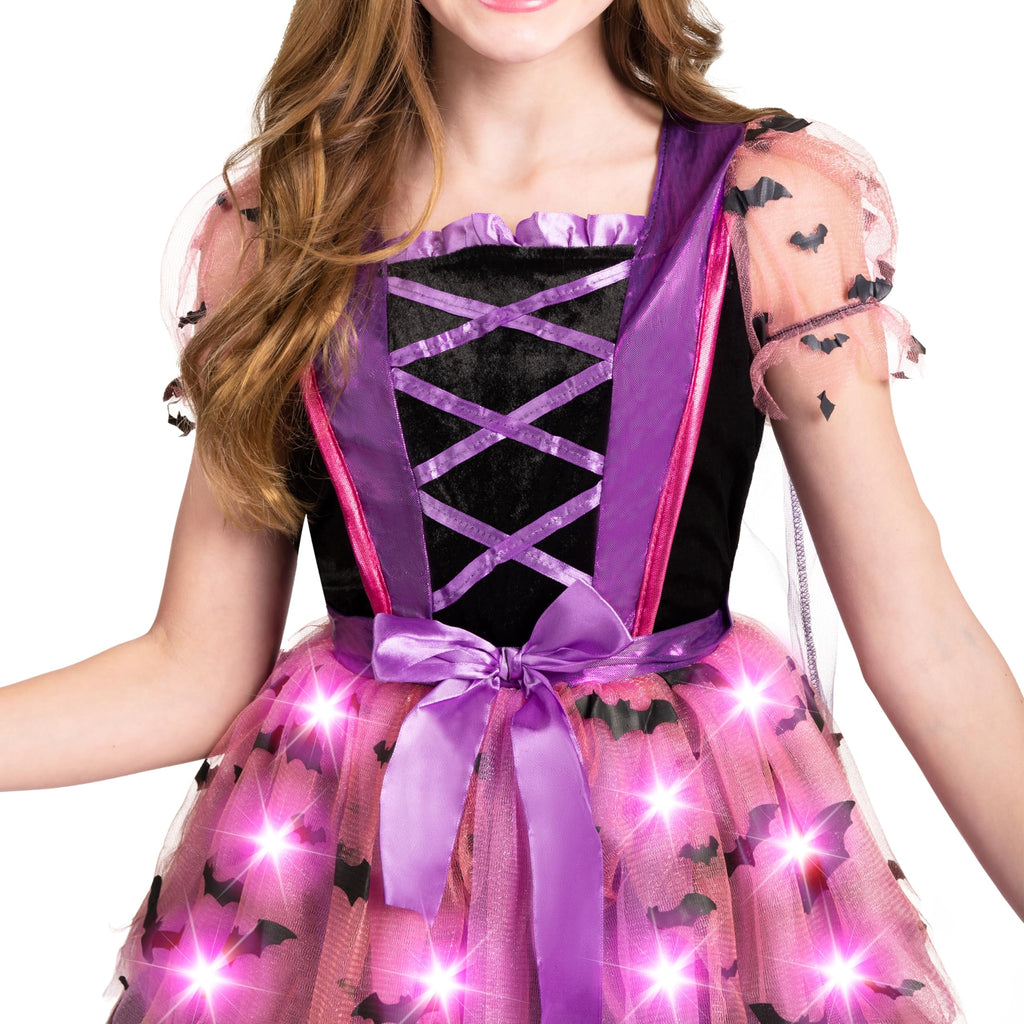 Joyfy Kids Witch Costume, Girls Light Up Witch Costume with Hat and Broom Outfits Set for Toddler Halloween Dress up Cosplay