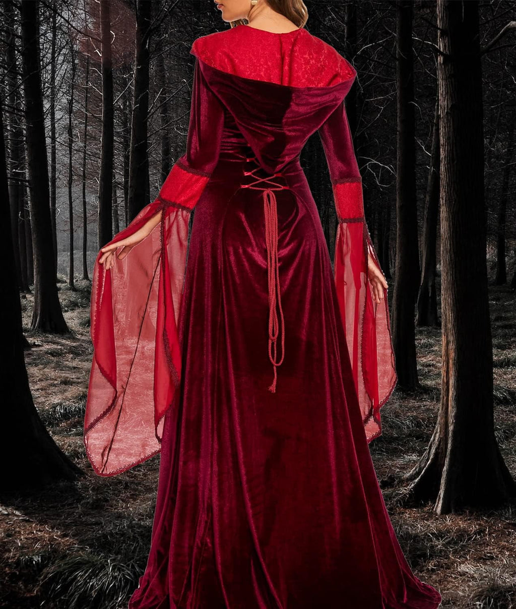 Halloween Witch Costume Women, Deluxe Witch Dress Costume, Vintage Embroidered Renaissance Gothic Hooded Vampire Gown Dress Cosplay Costumes Black M