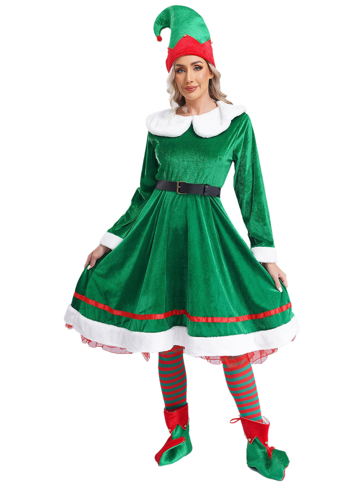 vastwit Womens Christmas Elf Dress Velvet Dress with Elf Hat Belt Striped Stockings Shoes Green L