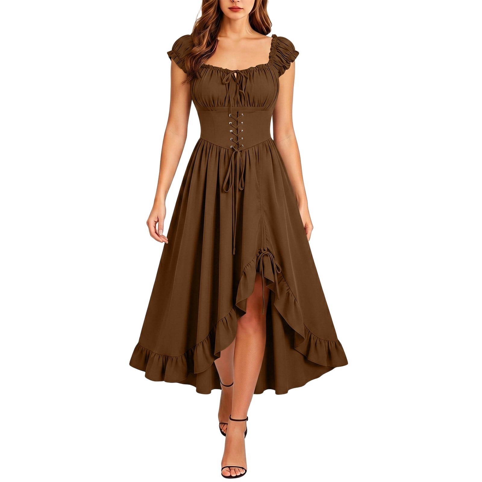 Gothic Dresses for Women Medieval Renaissance Halloween Costume Lace Up Corset High Low Ruffle Hem Square Neck Vintage Gown