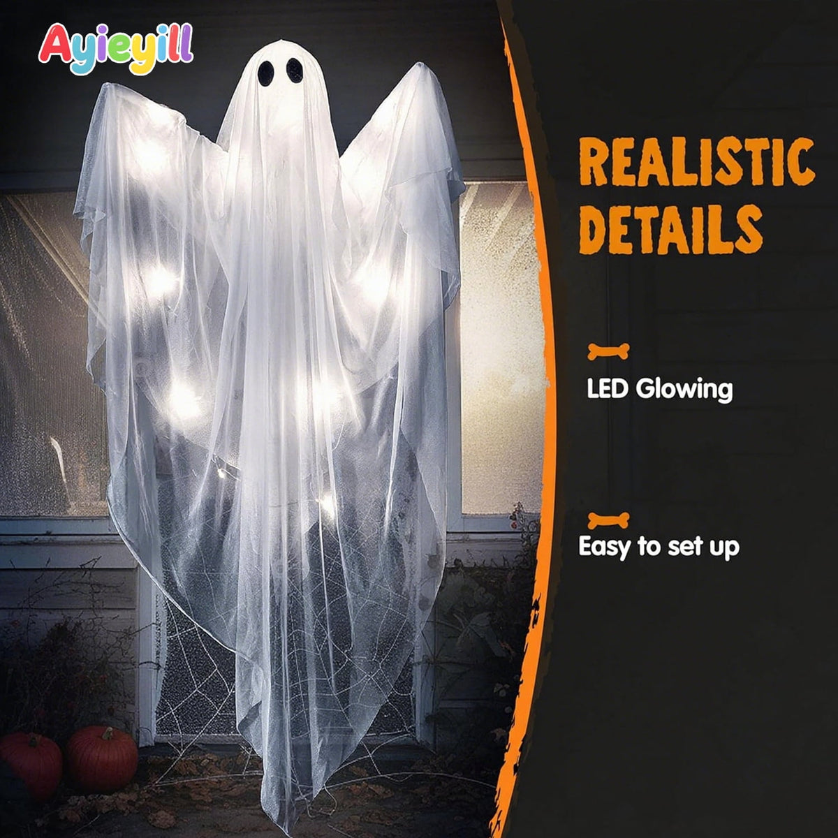 Ayieyill Halloween Ghost Decor with Warm White LED Light, 47” Light up Hanging Ghost Halloween Yard Porch Decorations Outdoor