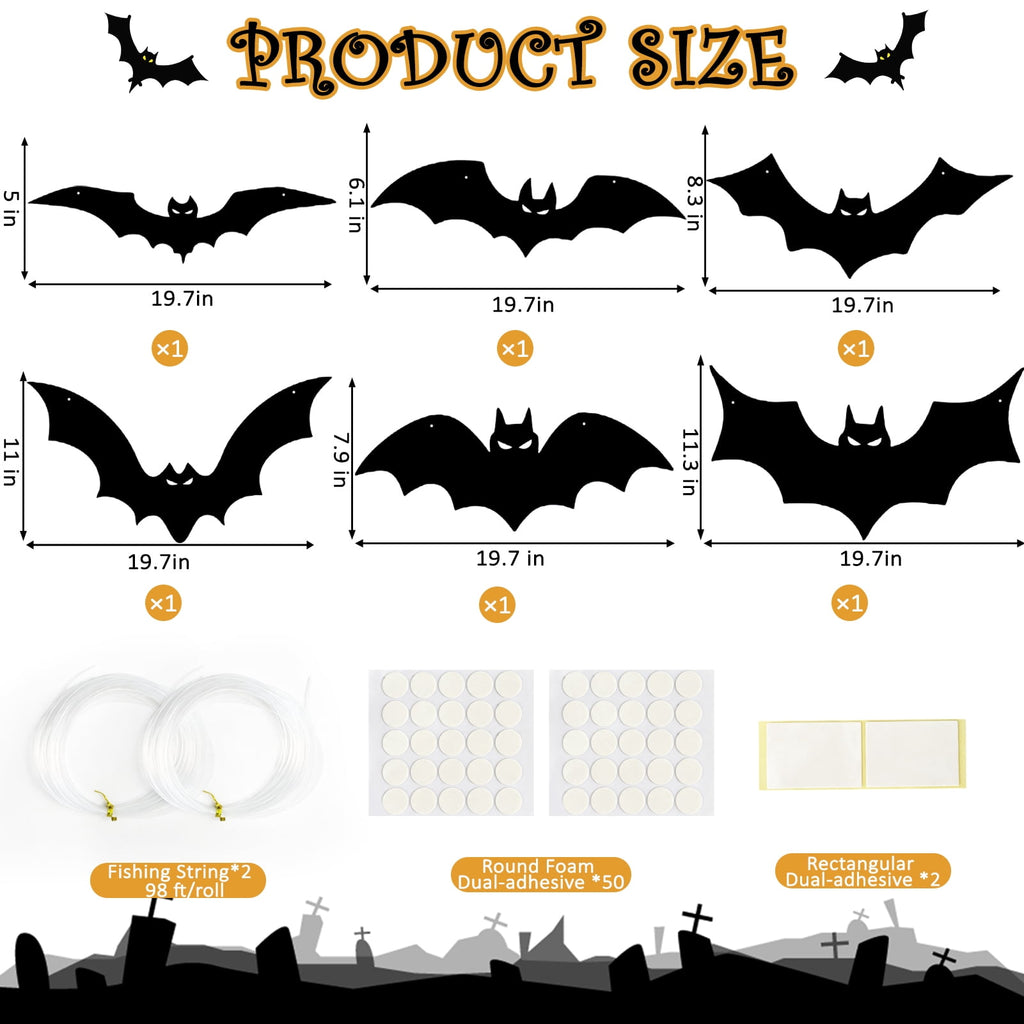 KORALAKIRI 16 Pcs Halloween Hanging Bats Decorations Outdoor, Waterproof Black Bat with Glowing Eyes for Front Door Yard Tree Halloween Hanging Decorations Outside