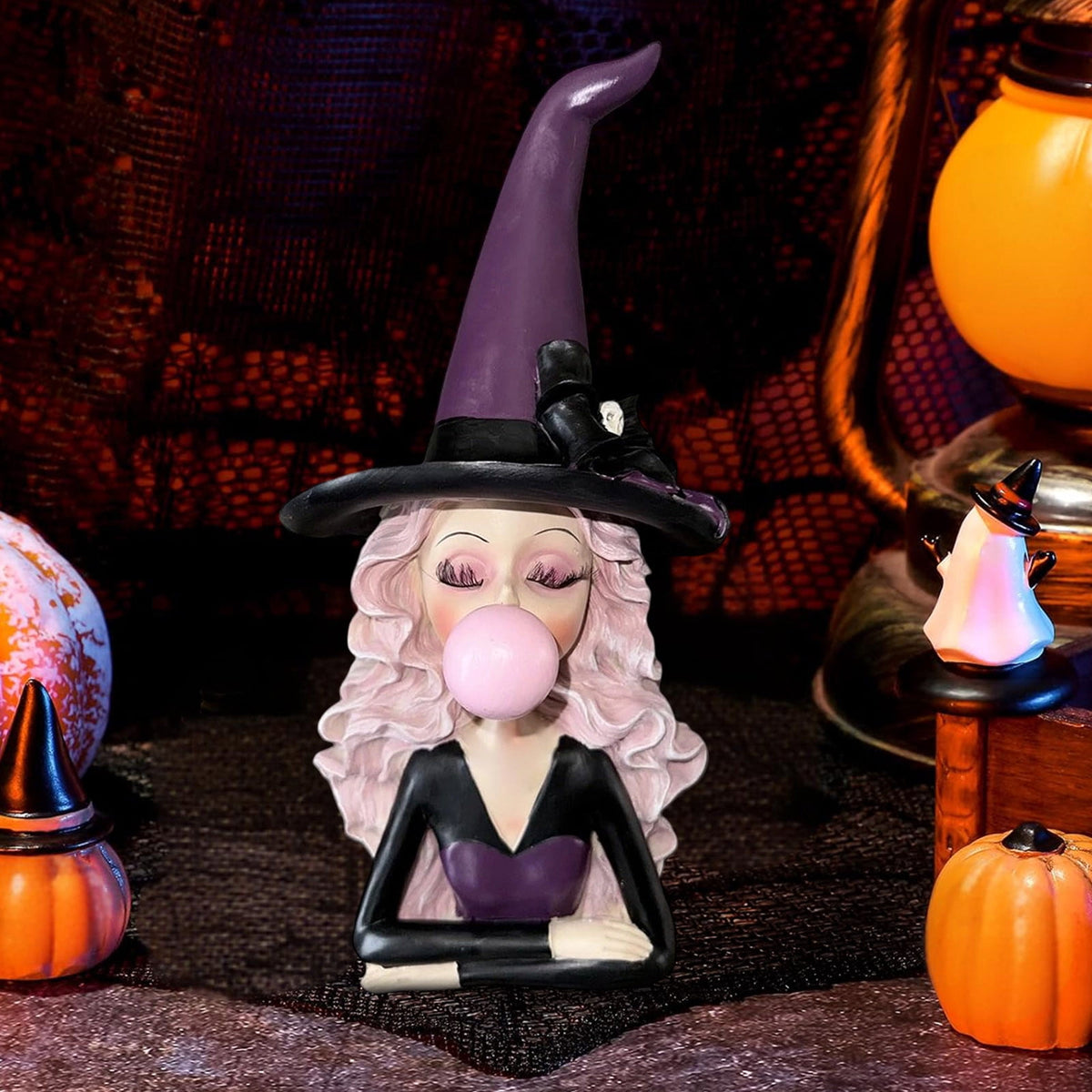 Halloween Decorations Clearance! Cute Kissing‑Face Witch Statue With Bow Hat & Mesh Skirt, Tabletop Ornament for Shelf Indoor Home Halloween Decor