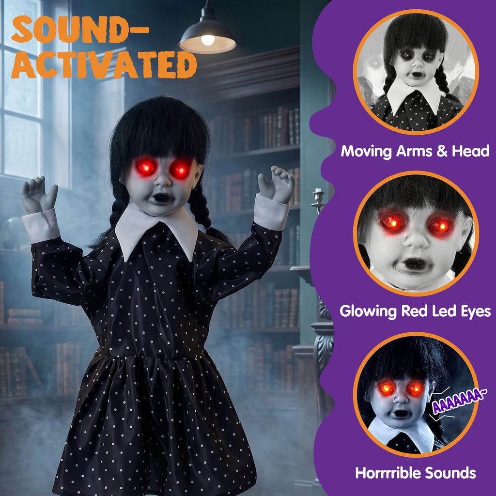 Joyfy 67" Standing Grim Reaper with Chain, Large Halloween Decorations Outdoor, Life Size Animatronics Skelton, Sound-Actived Party Decor with Creepy Sound & LED Eyes, Scary Haunted House Props