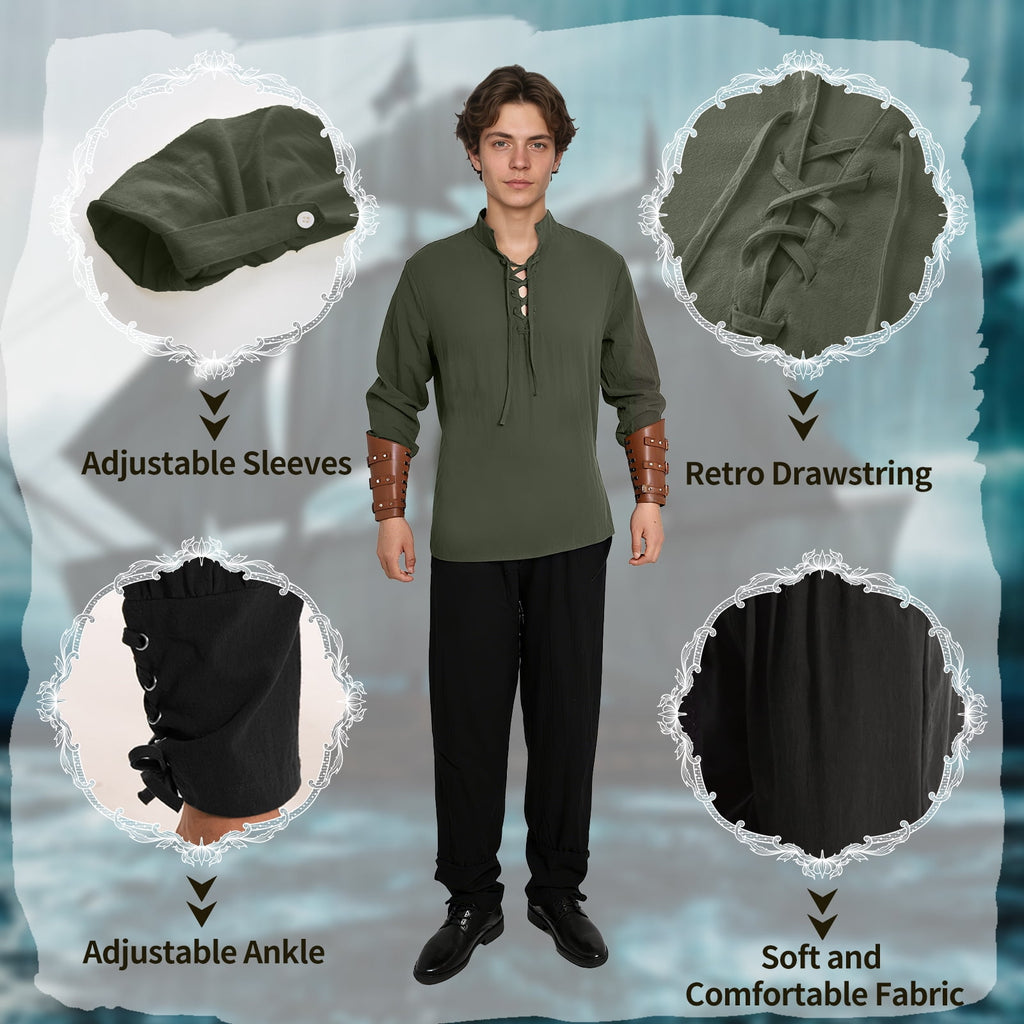 MYATED 5 Pcs Halloween Men's Renaissance Costume Set Medieval Pirate Shirt Ankle Banded Pants Viking Costume Accessories Set,Black,M