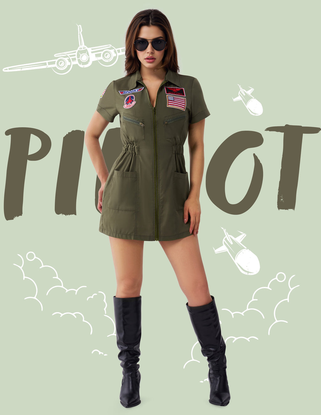 Joyfy Flight Pilot Costume for Adults Pilots Uniform Costume Movie Icon Green Jumpsuit for Men Halloween Party Fancy Dress up Cosplay