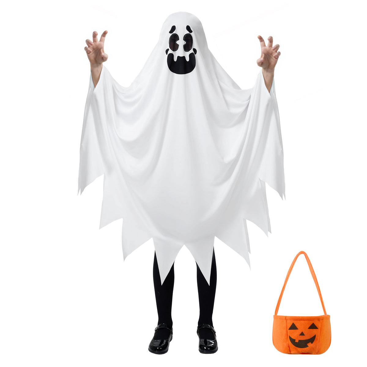 Joyfy Kids Ghost Costume, Halloween Ghost Costume, White Silent Ghost Costume with Pumpkin Bag for Toddler Boys Girls Halloween Party Dress Up Cosplay