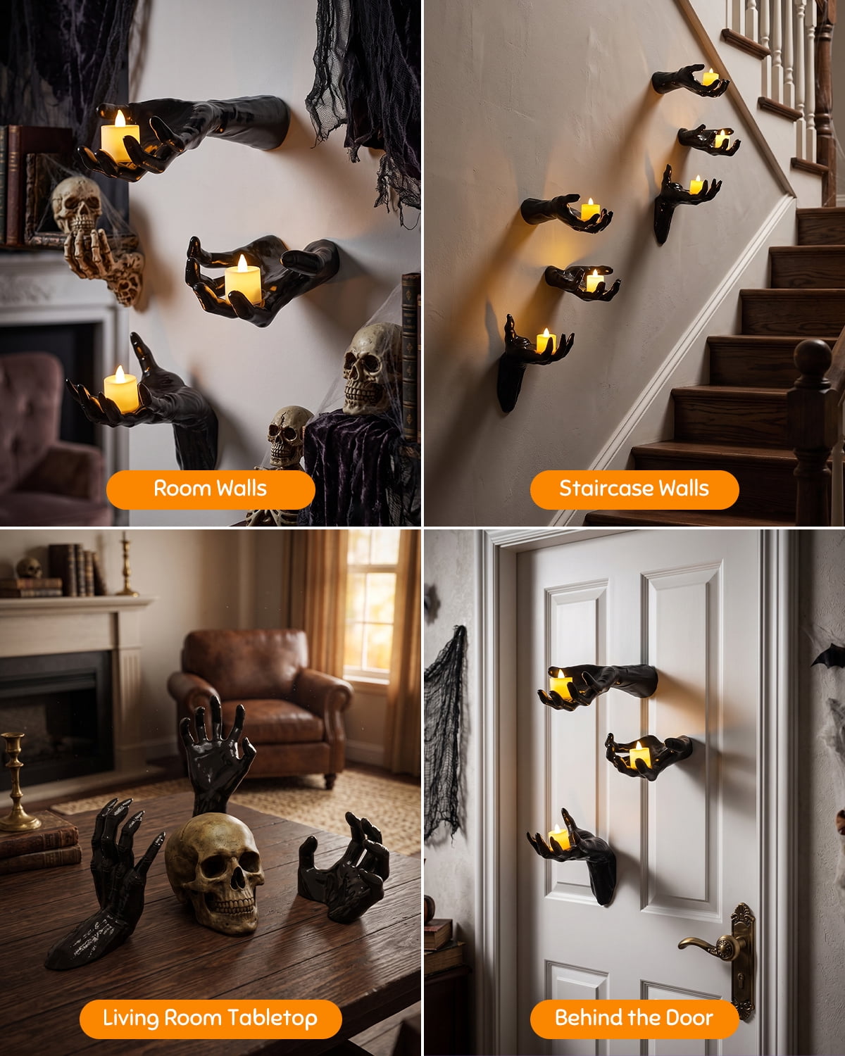 Yinghao Halloween Decoration 3 pack Black Ghost Hands Decor with LED Candle, Life-sized Gothic Design, Screw and Adhesive install, 3 Flameless Candle
