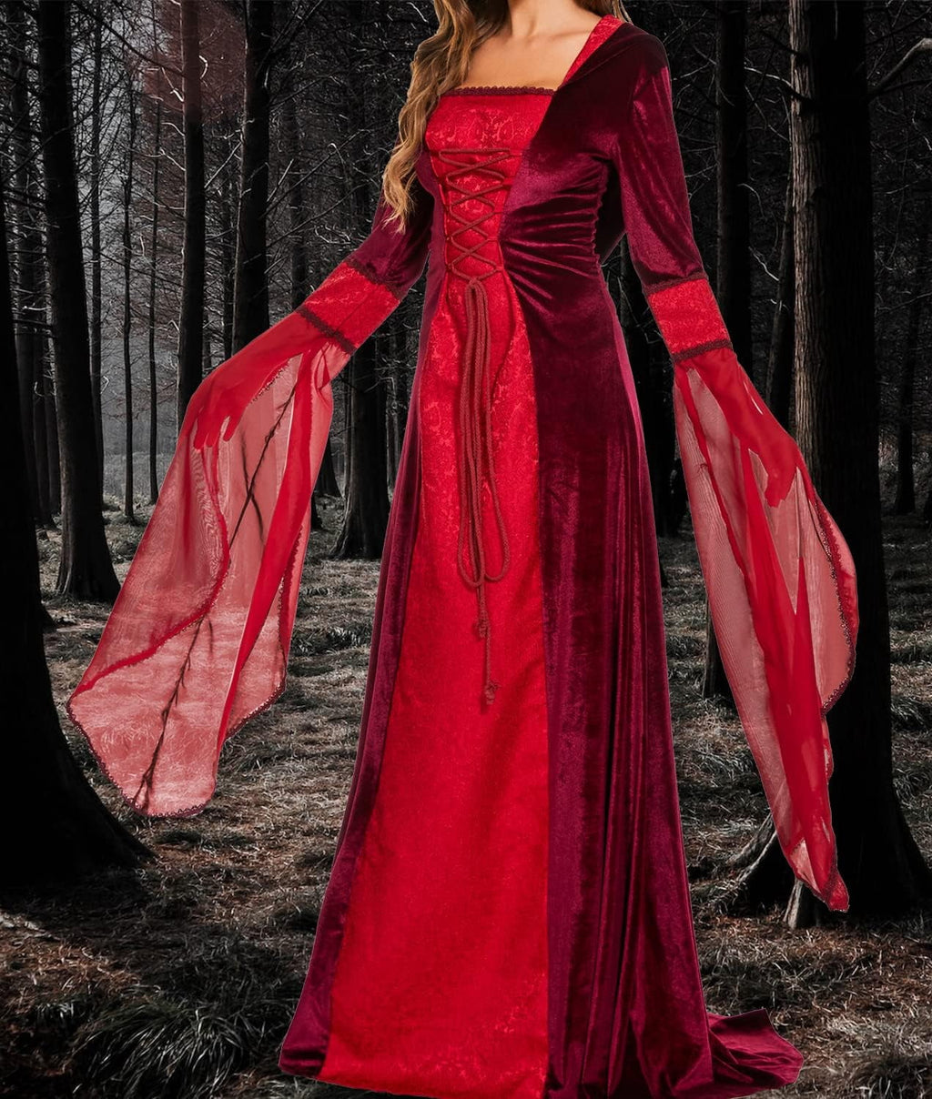 Halloween Witch Costume Women, Deluxe Witch Dress Costume, Vintage Embroidered Renaissance Gothic Hooded Vampire Gown Dress Cosplay Costumes Black M