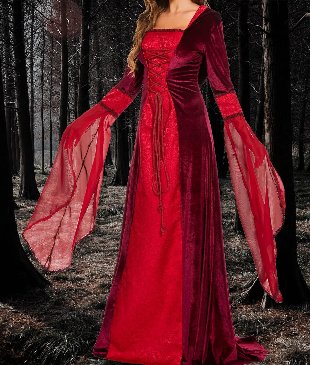 Halloween Witch Costume Women, Deluxe Witch Dress Costume, Vintage Embroidered Renaissance Gothic Hooded Vampire Gown Dress Cosplay Costumes Black M