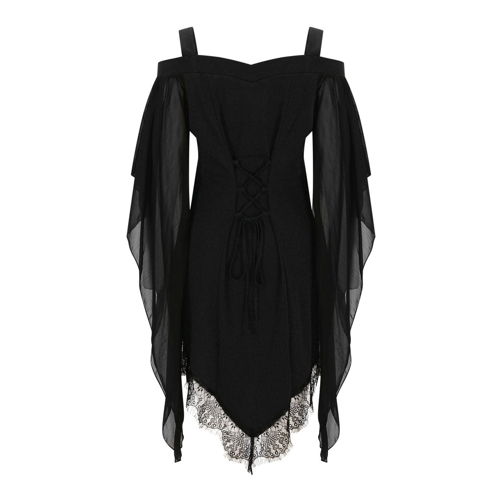 Gothic Lace Up Dress for Women Off-Shoulder Vintage Dresses Bell Sleeve Steampunk Medieval Costume Cosplay Halloween Dresses
