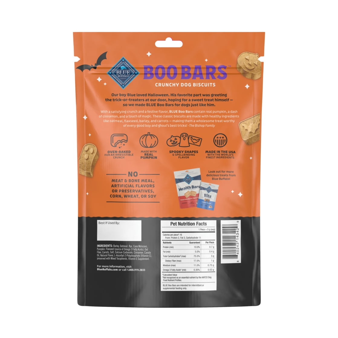 Blue Buffalo Boo Bars Crunchy Halloween Dog Biscuits Pumpkin & Cinnamon Recipe 11-oz Bag