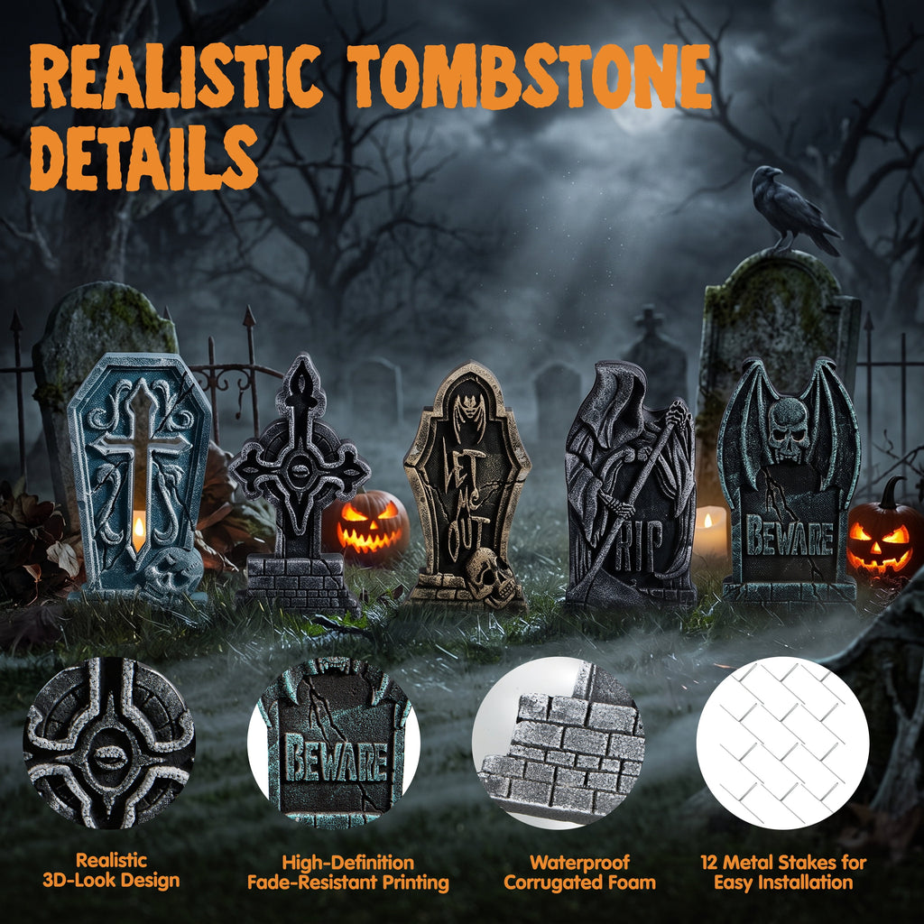 Joyfy 17" Halloween 5 Pack Tombstone Decorations, Foam RIP Graveyard Signs Cemetery Headstones Scary Outdoor Indoor Halloween Decor with 12 Metal Stakes for Easy Set Up, Waterproof for Garden Lawn