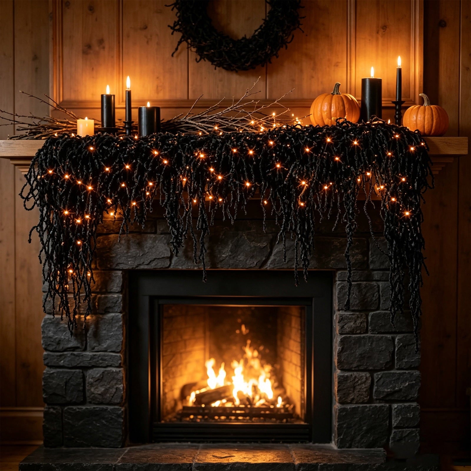Orangide Halloween Spooky Garland Black Rope Rattan Fireplace Decor Set 71 in Hanging Ornament for Porch Wall Indoor Outdoor Fall