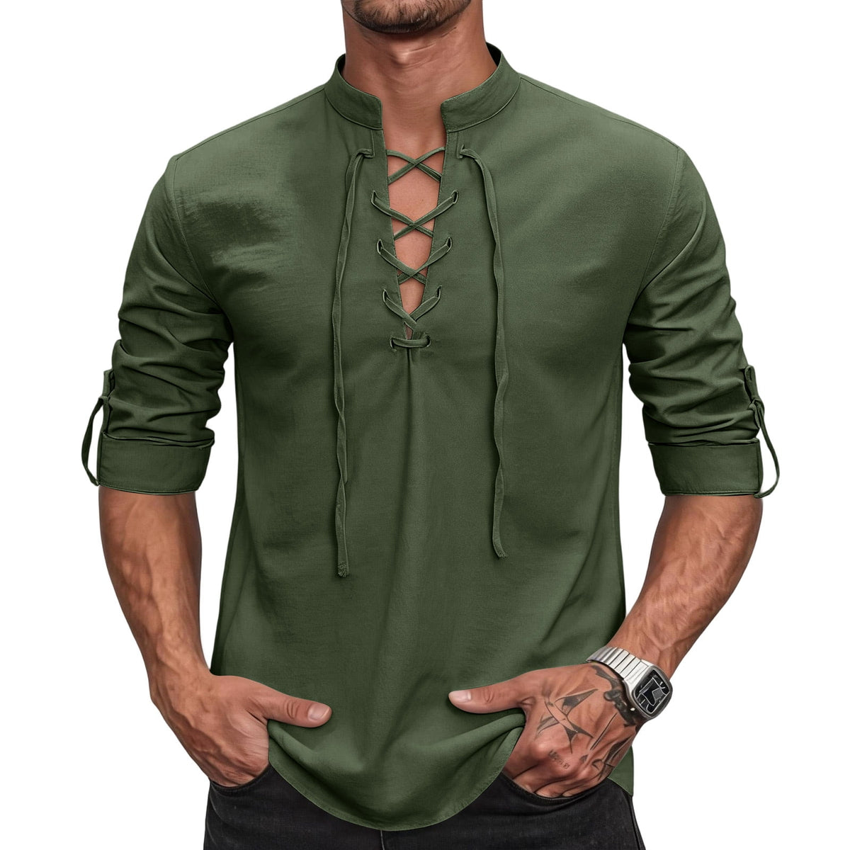 Mens Renaissance Shirt Medieval Pirate Viking Halloween Costume Gothic Steampunk Retro Long Sleeve Lace Up Shirts
