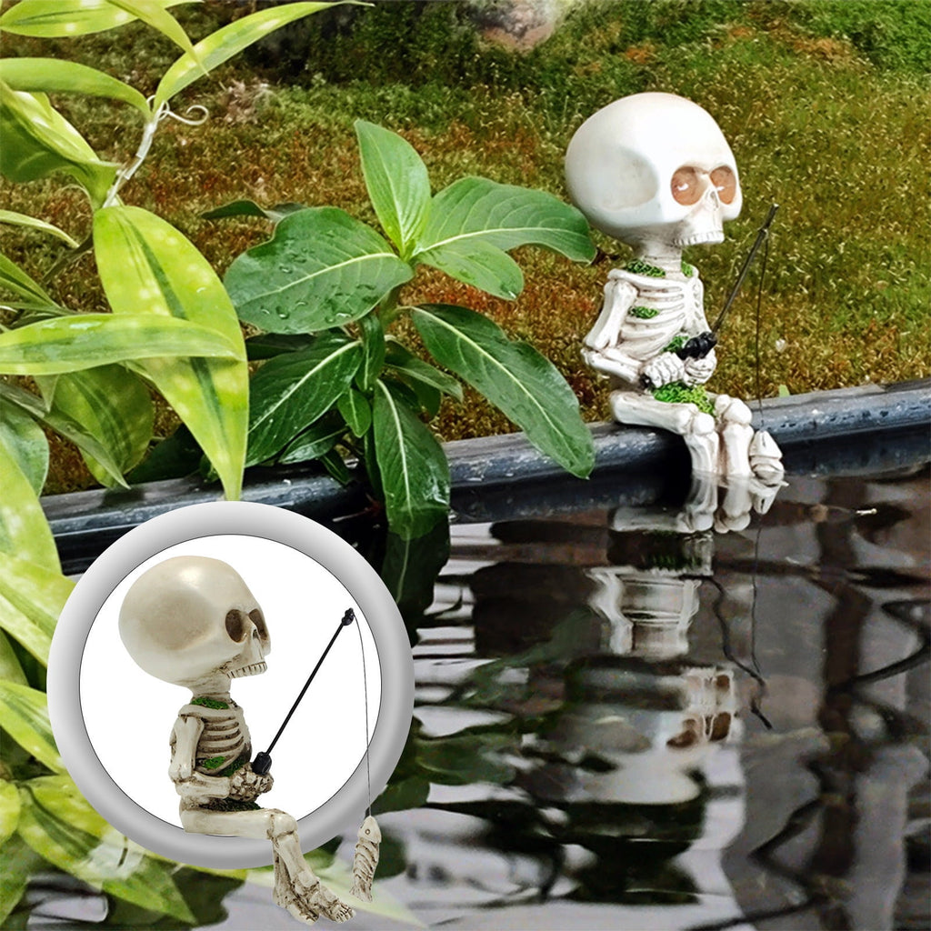 Darzheoy Halloween Fishing Skeleton Garden Accessory, Mini Skeleton Figurines Statue Decor Pond Waterfalls Gothic Home Office Desk Holiday Ornament