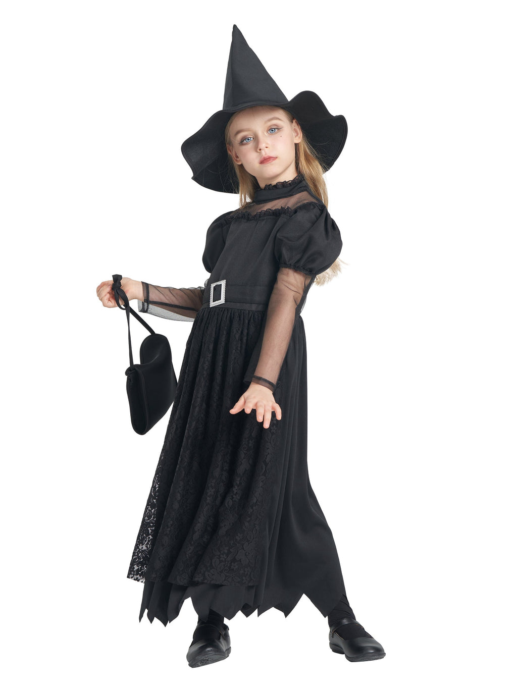 Girls Deluxe Witch Costume, 4 Pcs Dress Hat Cape Bag Velvet Black Suit for Kids Halloween Party Fancy Dress Up 4-6Y