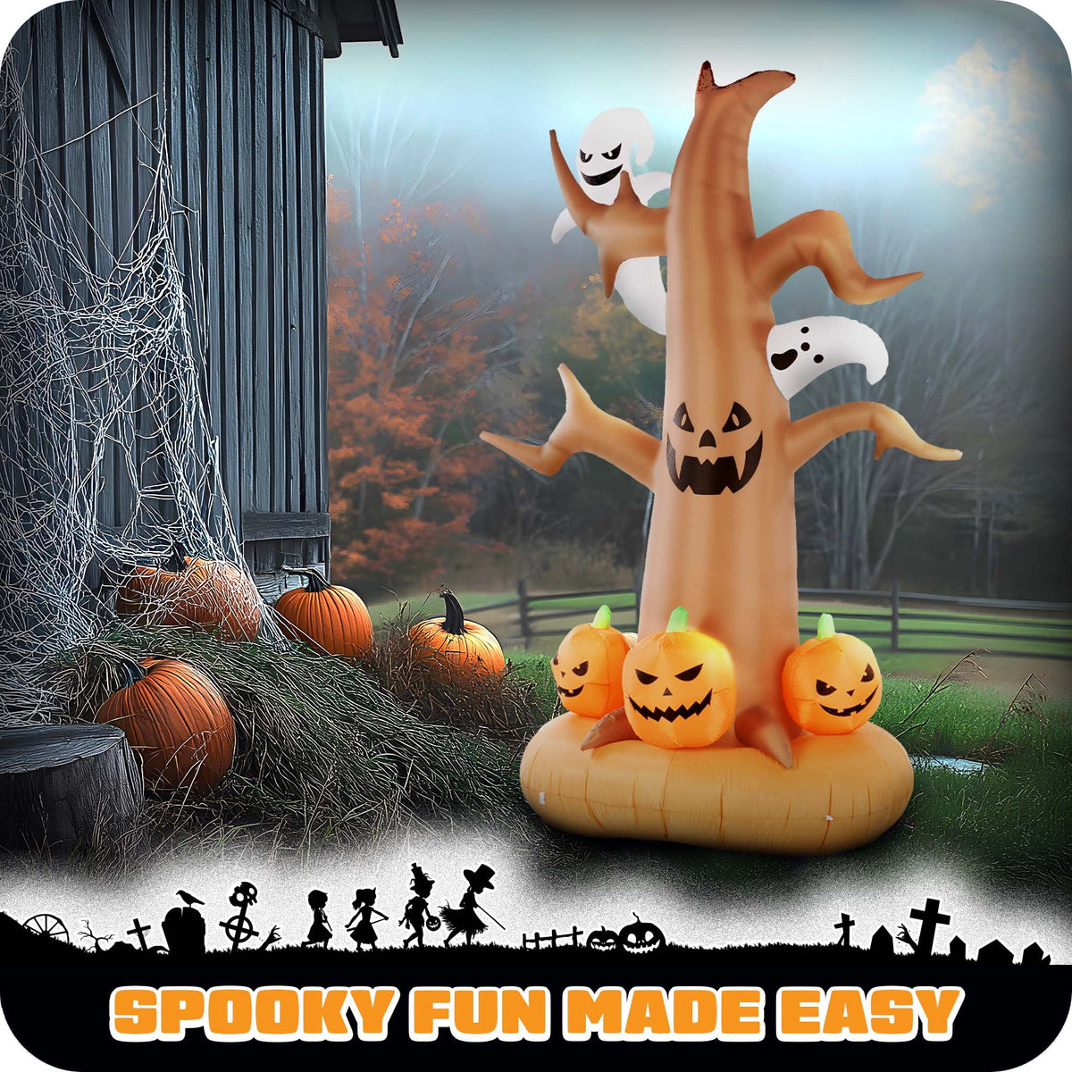 G128 8ft Halloween Haunted Tree Inflatable with Ghosts Pumpkins LED Lights Outdoor Yard Decor