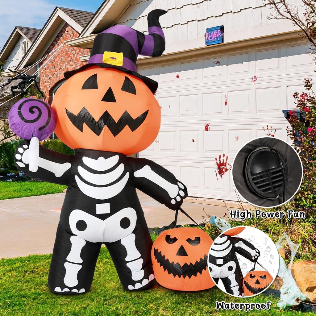 GOOSH Halloween Inflatables 6 FT Halloween Pumpkin Inflatable with Skull Body, Scary Blow Up Halloween Pumpkin Decoration with LED Lights, Outdoor Halloween Decorations Clearance for Holiday Party