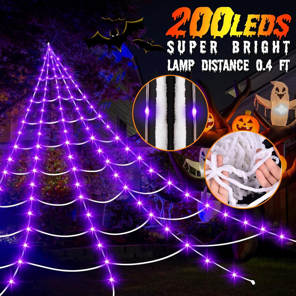 Spider Web Halloween Decorations Outdoor Lights, 200 Purple LED Light Up 16.4Ft Giant Spiderweb & 60" Large Spider & 20 Small Spiders, 8 Modes Lighted Decor for Yard Outside