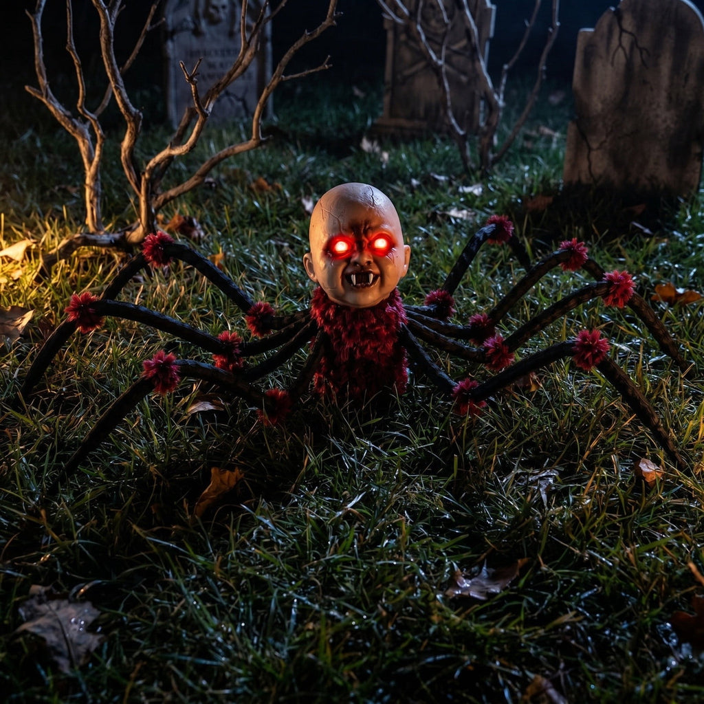 Halloween Animated Walking Spider Prop, Touch Activated Scary Baby Head Decoration with Flashing Red Eyes, Eerie Sounds and Poseable Legs for , Yard, and Party Display