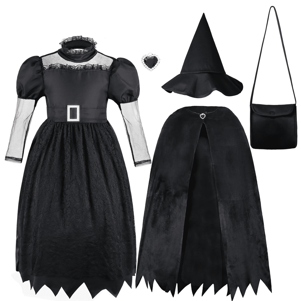 Girls Deluxe Witch Costume, 4 Pcs Dress Hat Cape Bag Velvet Black Suit for Kids Halloween Party Fancy Dress Up 4-6Y