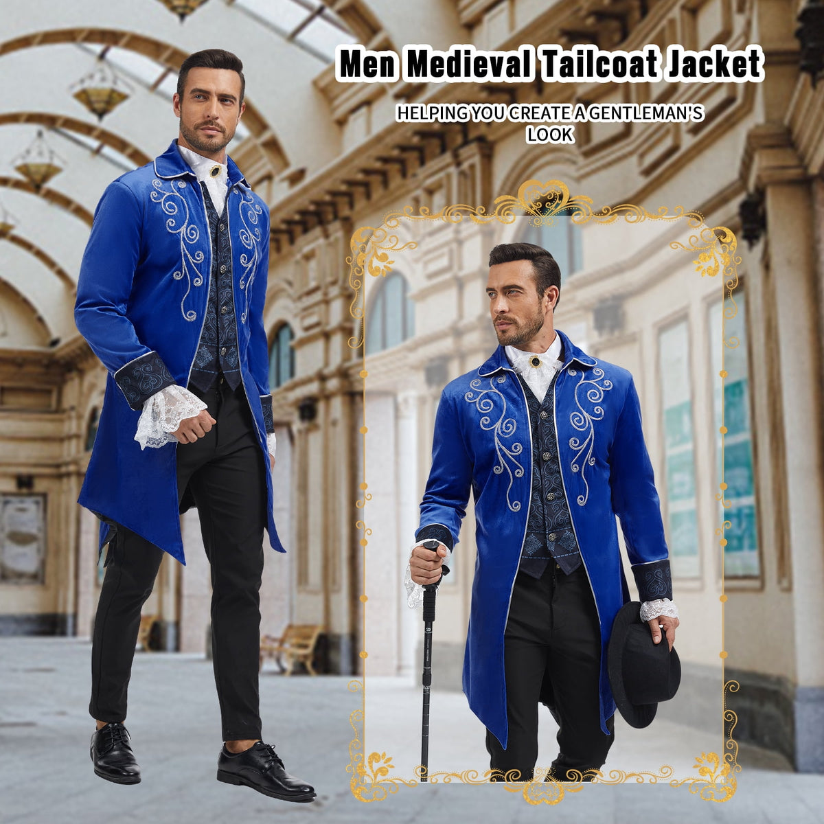 MYATED Medieval Steampunk Tailcoat for Men,Gothic Victorian Frock Coat Renaissance Pirate Jackets Halloween Party Cosplay Costumes,Blue,S