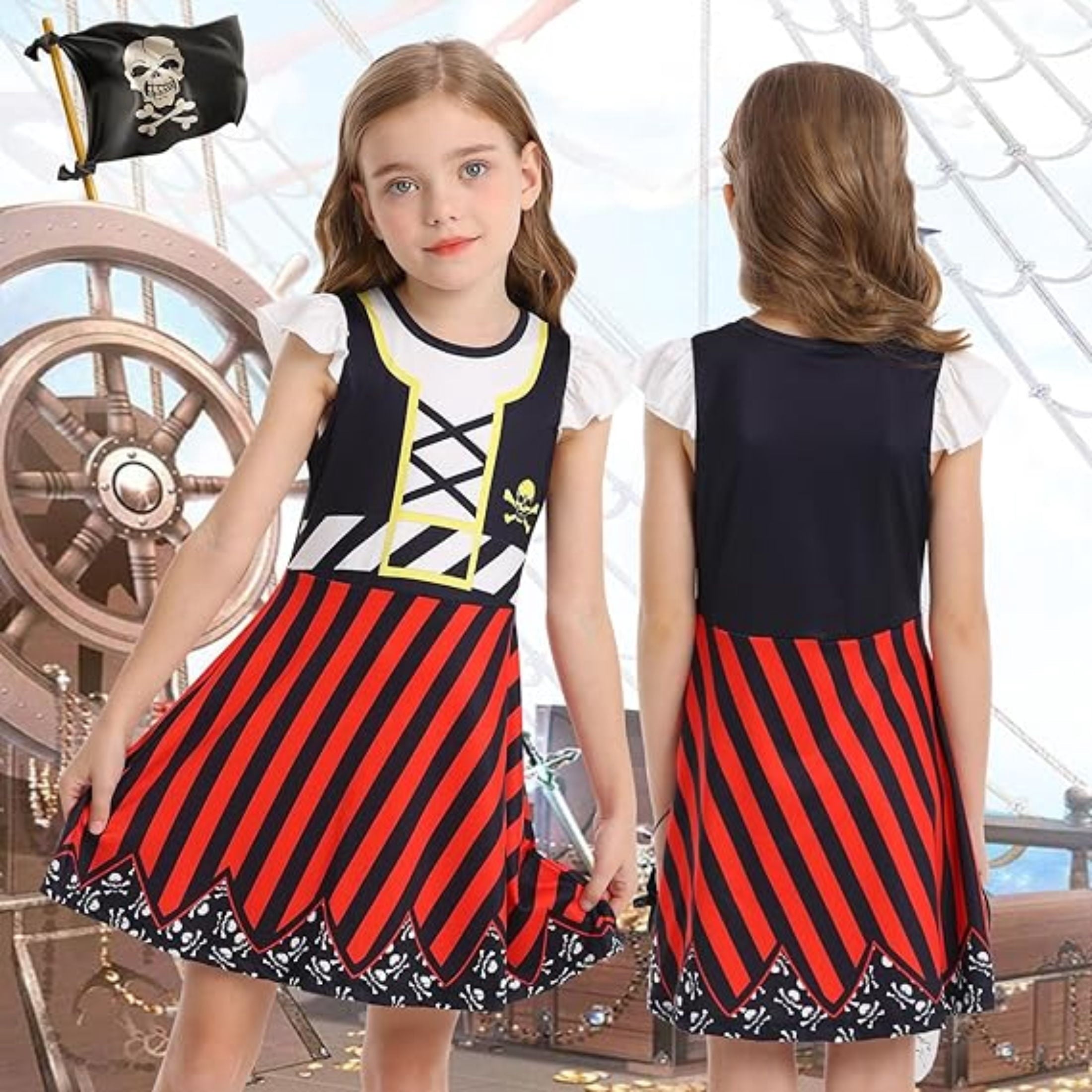 Benylion Girls Pirate Costume for Kids Halloween Party Dress Up Toddler Pirate Christmas Cosplay Outfit with Accessories for 5-6 Years
