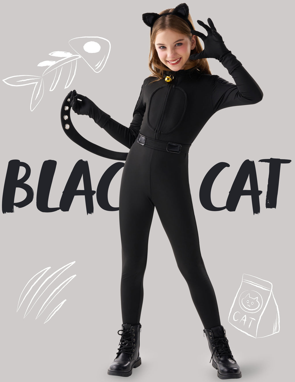 Joyfy Black Cat Costume for Girls, Kids Cat Outfit Set with Tail, Child Black Cat Halloween Costume for Cosplay Party