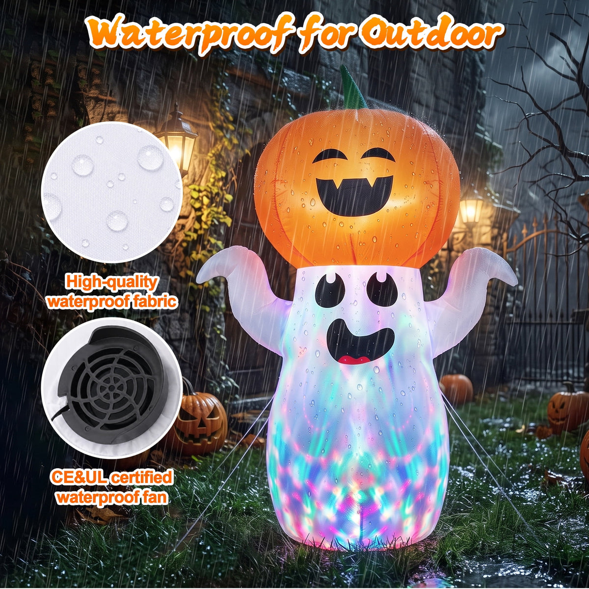 GVDV 5Ft Halloween Inflatable Pumpkin Ghost with 360° Rotating Colorful LED Lights, Cute Indoor/Outdoor Decor for Party, Yard, Lawn