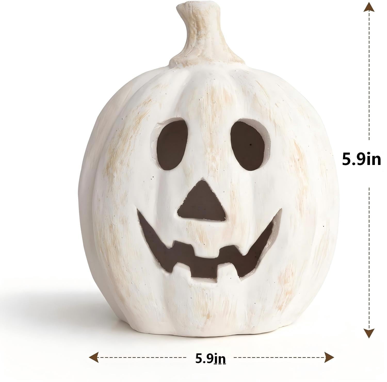 Fall Decorations for Home - Halloween Decor Indoor - 7.87" H White Handmade Resin Pumpkin Jack O' Lantern with Flameless Candle - Outdoor Decoration for Front Door Porch Mantel Kitchen Living Room