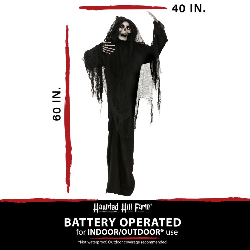 Haunted Hill Farm 5 ft Life-Size Animated Grim Reaper Prop w/ Chain and Rotating Head for Indoor or Outdoor Halloween Decoration, Battery-Operated