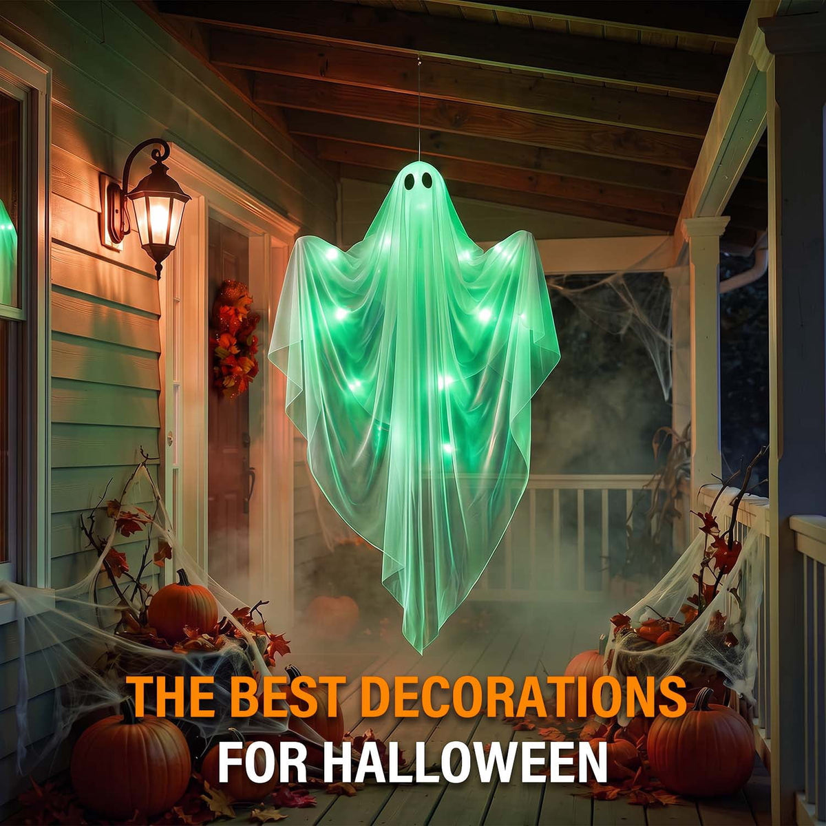 Ayieyill Halloween Ghost Decor with Warm White LED Light, 47” Light up Hanging Ghost Halloween Yard Porch Decorations Outdoor