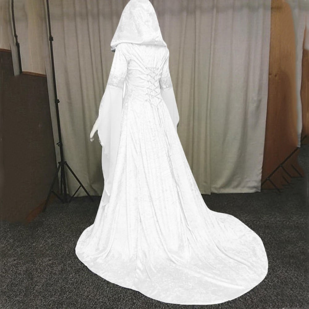 Medieval Renaissance Hooded Dress for Women, Silver Gothic Witch Costume with Lace-Up Corset, Vintage Velvet Long Sleeve Gown for Halloween Cosplay Renaissance Wedding Themed Party-Dark Blue/L