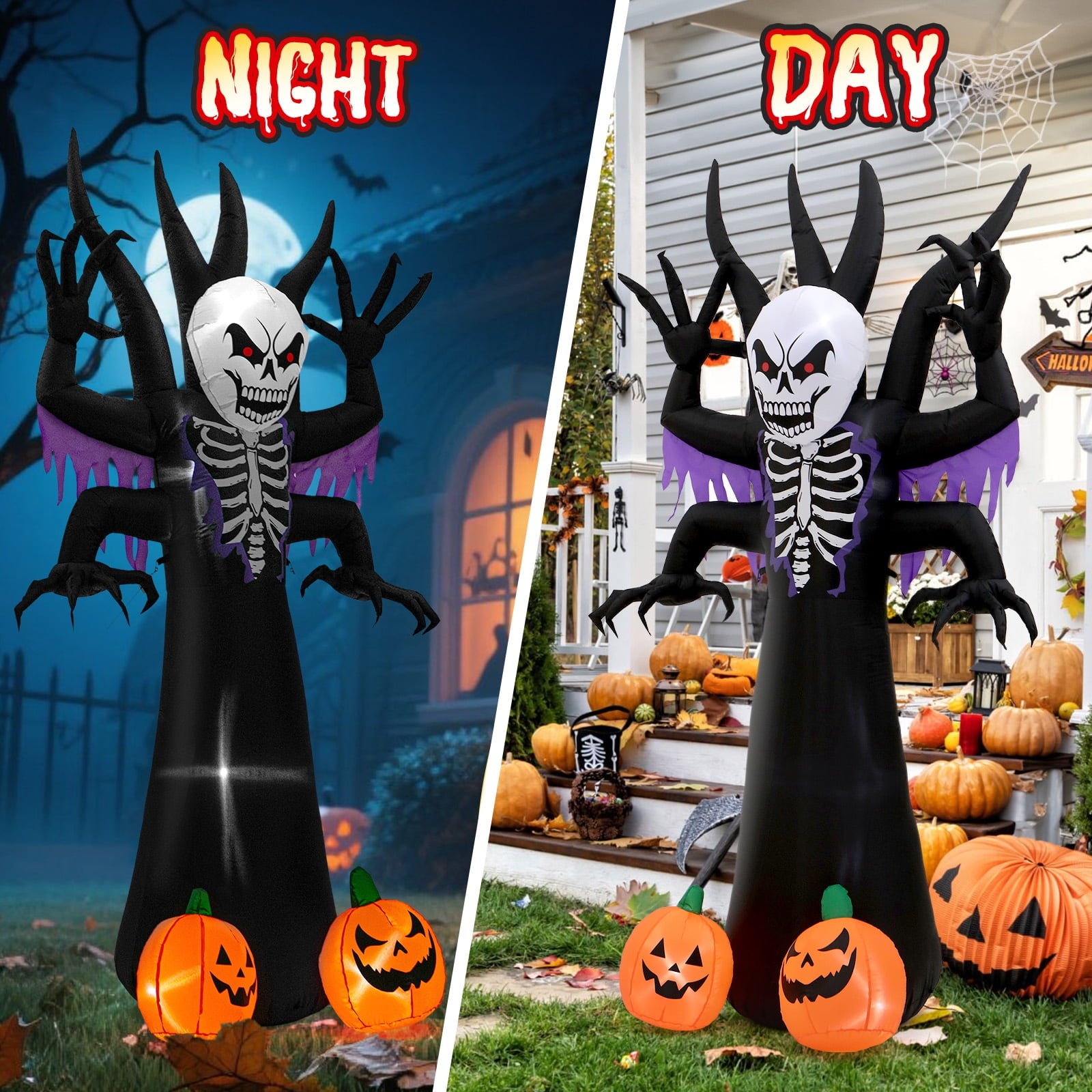 Wondiair 8 FT Halloween Inflatable Skeleton Tree with LED Lights and Glowing Pumpkins, Blow Up Outdoor Halloween Yard Decoration for Lawn, Front Yard and Haunted House