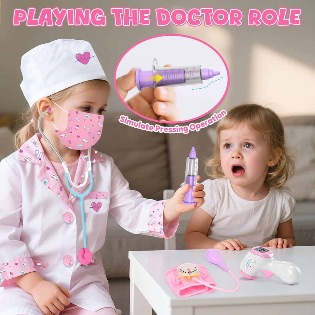 Doctor Costume for Kids Doctor Coat, Doctor Dress Up and Play Set 8 PCS with Real Stethoscope, Lab Coat Career Day Costume Kit for Toddlers Girls 3-12 - Pink