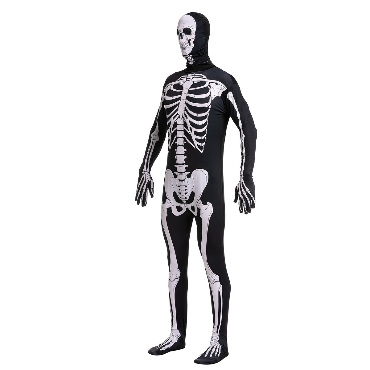 Joyfy Skeleton Costume for Adults, Skeleton Bone Bodysuit Halloween Costumes for Men with Skeleton Hood Mask, Halloween Party Fancy Dress-up