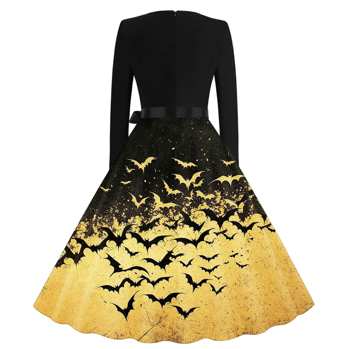 Women's Vintage Halloween Bat Print Swing Dress Long Sleeve 1950s Retro A-Line Midi Dresses with Satin Sash Belt for Gothic Cosplay Evening Prom Party