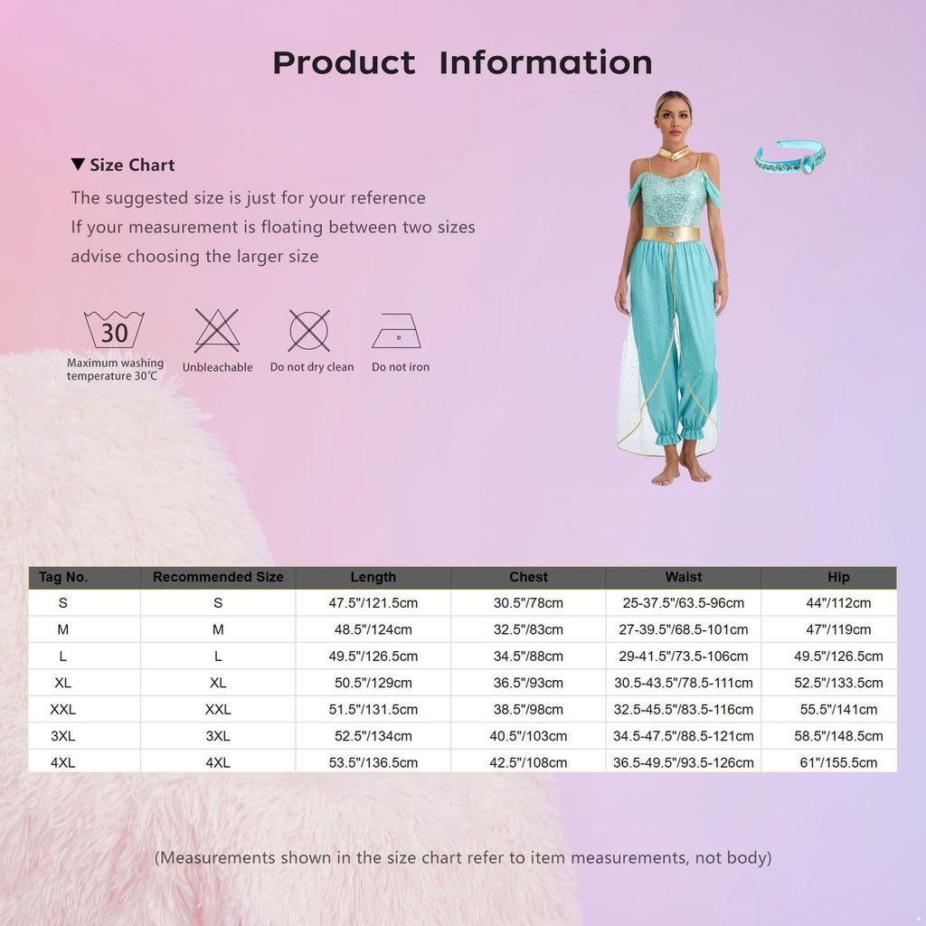 YiZYiF Women's Arabian Princess Dance Costume Halloween Party Fancy Dress Shiny Belly Dance Jumpsuit Turquoise B M