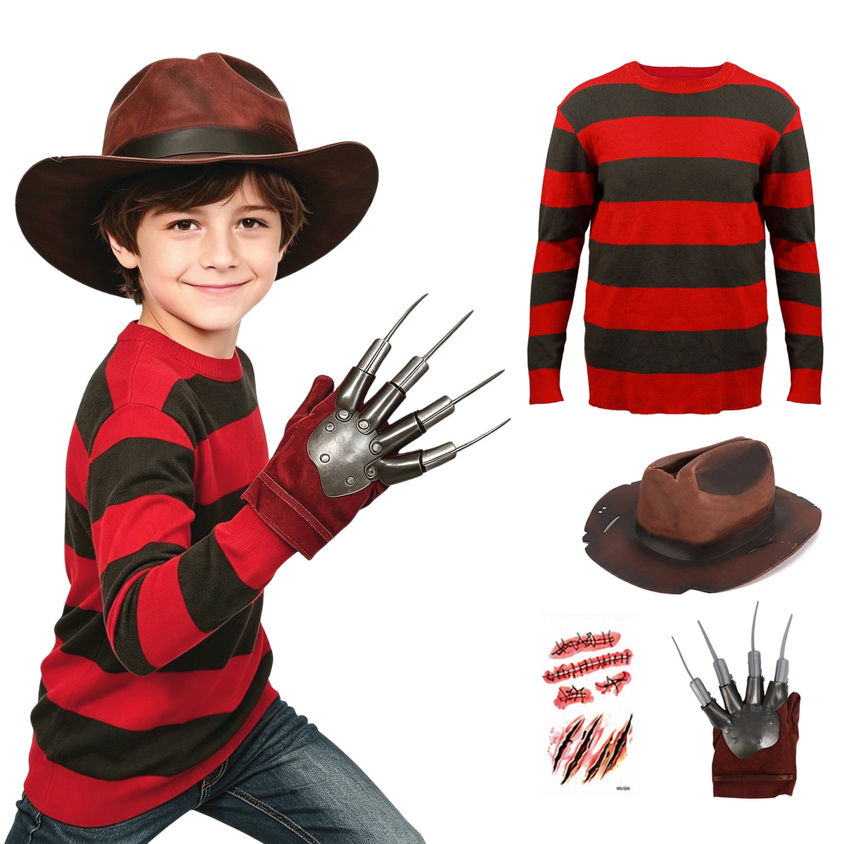 BUXULYP Halloween Killer Costume Kids Red Striped Sweater Hat Glove Claws Cosplay Outfits for Boys Girls Toddler Youth