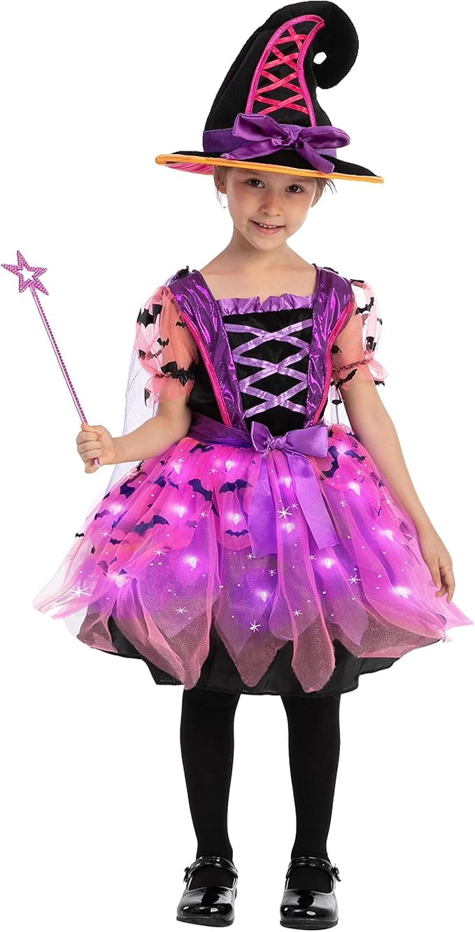 Joyfy Kids Witch Costume, Girls Light Up Witch Costume with Hat and Broom Outfits Set for Toddler Halloween Dress up Cosplay