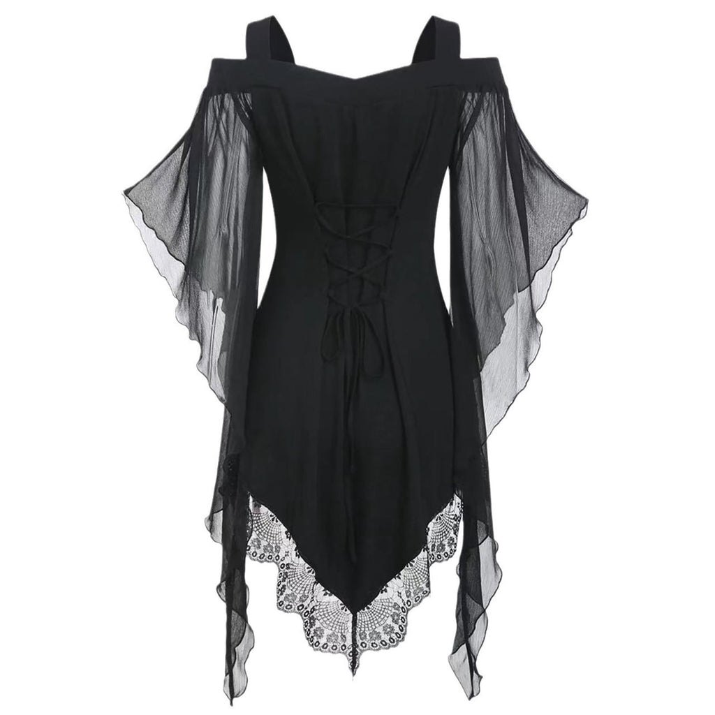 Gothic Lace Up Dress for Women Off-Shoulder Vintage Dresses Bell Sleeve Steampunk Medieval Costume Cosplay Halloween Dresses
