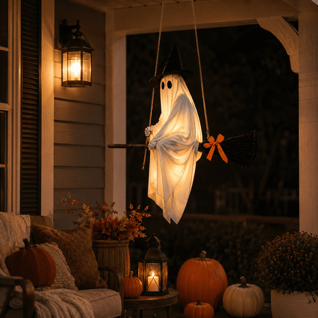 LIGHTED HANGING GHOST WITCH HALLOWEEN DECORATION Floating White Ghost With Black Witch Hat Rustic Broom And Orange Bow Warm Glow