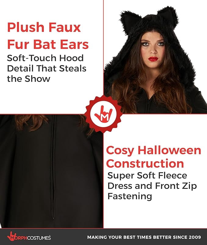 Morph Womens Bat Costume Wings Ladies Vampire Witch Halloween Fancy Dress Halloween Black 2XL