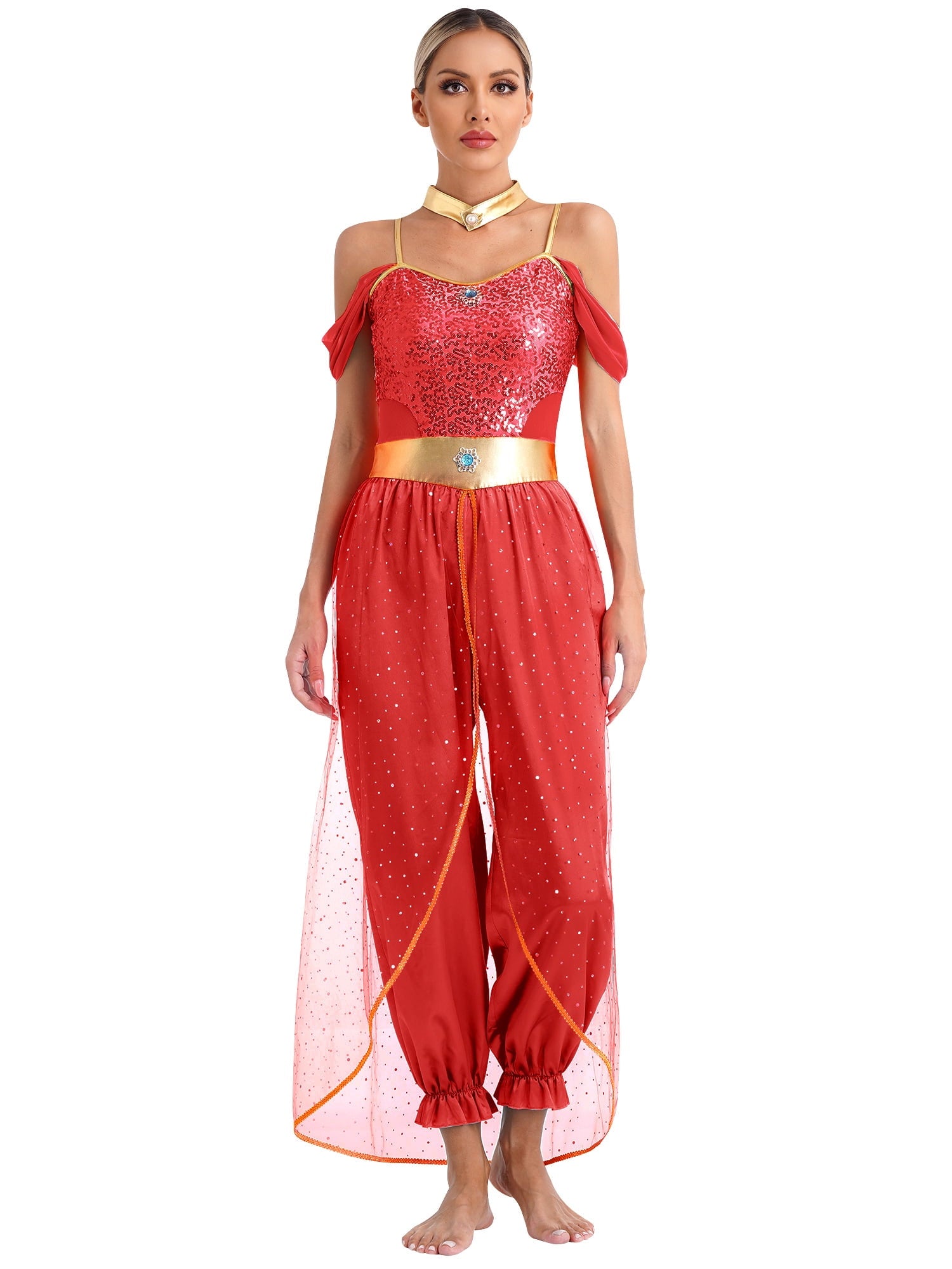 YiZYiF Women's Arabian Princess Dance Costume Halloween Party Fancy Dress Shiny Belly Dance Jumpsuit Turquoise B 4XL